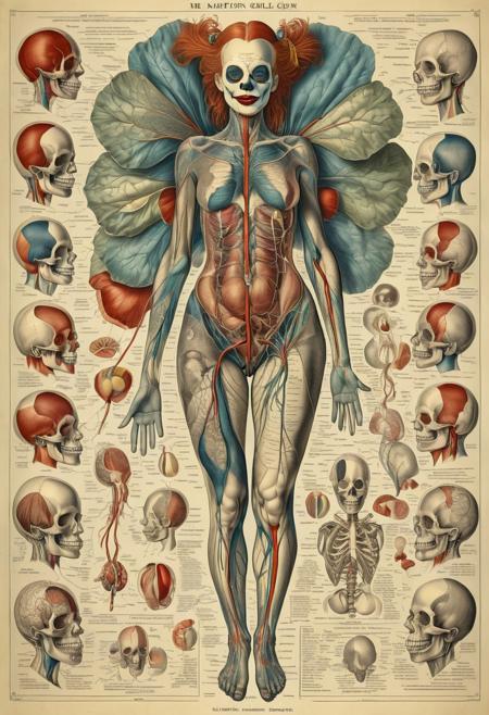 Illustration detailing the anatomy of an unconventional clown girl, as depicted by Henry Gray. The diagram showcases unusual and peculiar organs, providing a fascinating glimpse into a dissection of her unique body.