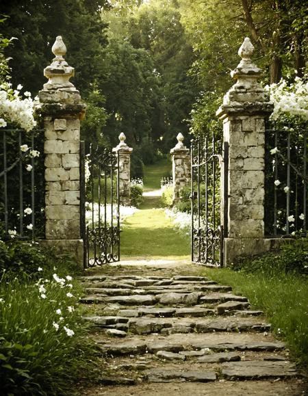 no humans, scenery, trees, outdoors, grass, nature, day, forest, sunlight, landscape, outdoor, garden gate, stone pillars, wrought iron, overgrown, greenery, pathway, white flowers, bushes, natural light, serene, vintage, historical, earthy tones, peaceful, detailed, rustic, romantic, g0bl1nc0r3,  <lora:g0bl1nc0r3_sdxl:1>