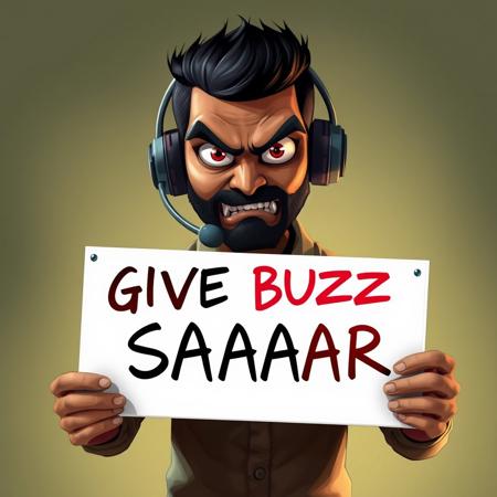 indian tech support guy, with creepy looking eyes holding a sign that says "GIVE BUZZ SAAAR", looking angry