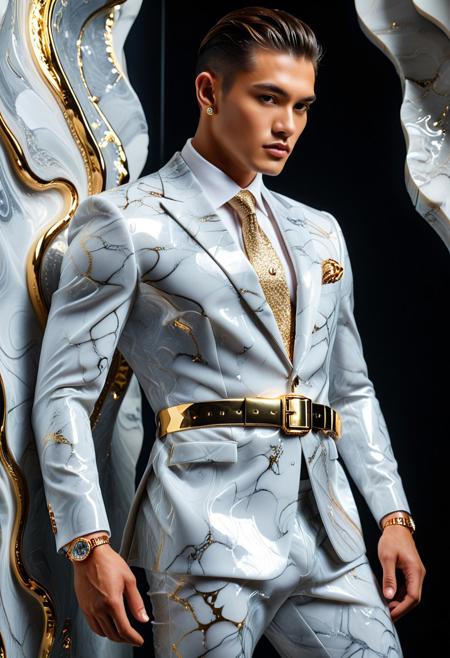 score_9, score_8_up, score_7_up,
A male, comfortable, relaxed, enjoying,
Fashion & Accessories:
Concept: Incorporate the texture and sheen of liquid marble into clothing design, jewelry or fashion accessories.
Potential: Fashion magazine cover, conceptual clothing show, jewelry design advertisement.
Tip direction:
Male model, haute couture suit, liquid marble fabric, shimmering and flowing, powerful and elegant pose, runway lighting, fashion photography, dramatic lighting, sharp focus, hyperrealistic, Statement men's accessory (e.g., ring, cufflinks, necklace, watch, brooch, belt buckle), liquid marble gemstone/texture, intricate gold or platinum setting, sparkling diamonds, detailed close-up, luxury advertisement, bold and sophisticated, ultra-fine details, highres, sculptural design, futuristic aesthetic, studio shot, very aesthetic, amazing quality, absurdres.
Asymmetry, Dynamic Moment,
Abstinence sexy, Japanese and Korean strong physique, no excessive exposure of skin, full body suit coverage.
aidmaimageupgrader, Newfantasycore,