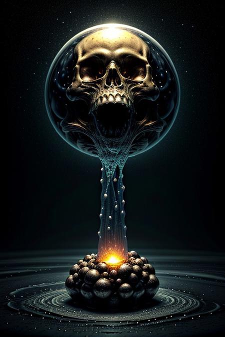 A close-up photorealistic image of a crystal-like floating skull facing dynamic view with its mouth open, pouring from it's mouth a shimmering liquid resembling the universe onto the ground, filled with rich stars and swirling galaxies. A simple void background enhances the dark atmosphere, shrouded in fog, capturing the hypnotic flow and shimmer of the cosmic liquid, from side,