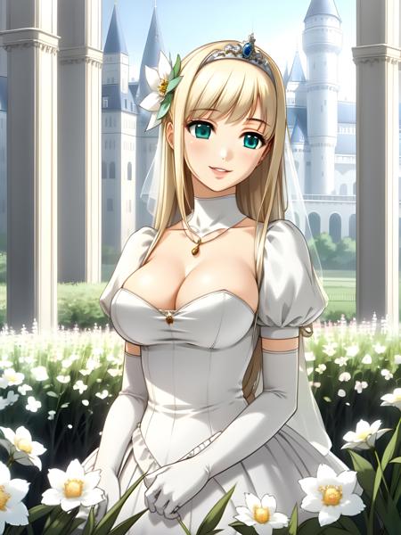 Juliette aqua eyes  tiara bridal veil hair flower collar  white gown with Puffy Sleeves pink dress school uniform white elbow gloves white thigh highs  black thigh highs  smile frown  surprised bored