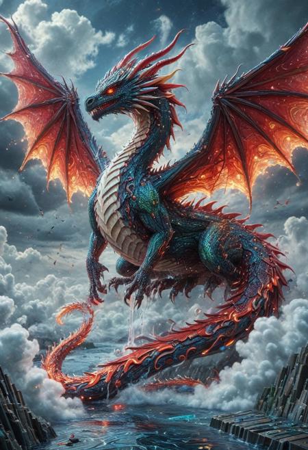 , celestial marble dragon in pcb_style flying through liquid sky, clouds melting into ribbons of color, fluid scales shimmering with white and red hues, glowing eyes, dynamic wings of flowing liquid, painterly lighting, vast fantasy environment, surreal atmosphere, highly detailed, magical realism