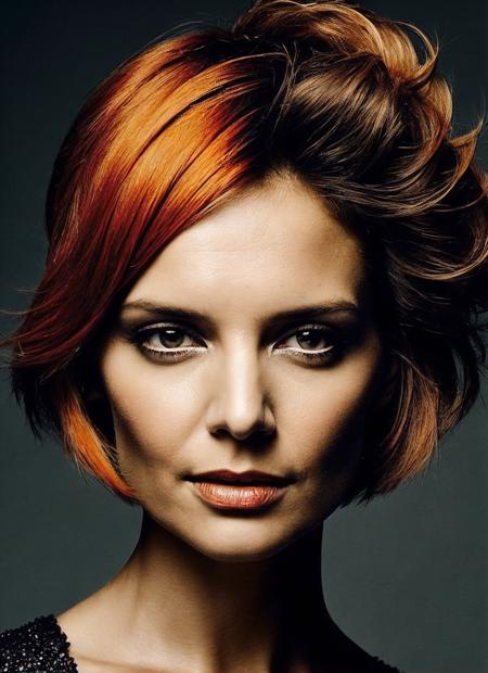 portrait of sks woman by Flora Borsi, style by Flora Borsi, bold, bright colours, orange Mohawk haircut, ((Flora Borsi)), <lora:locon_katieholmes_v1_from_v1_64_32:1>