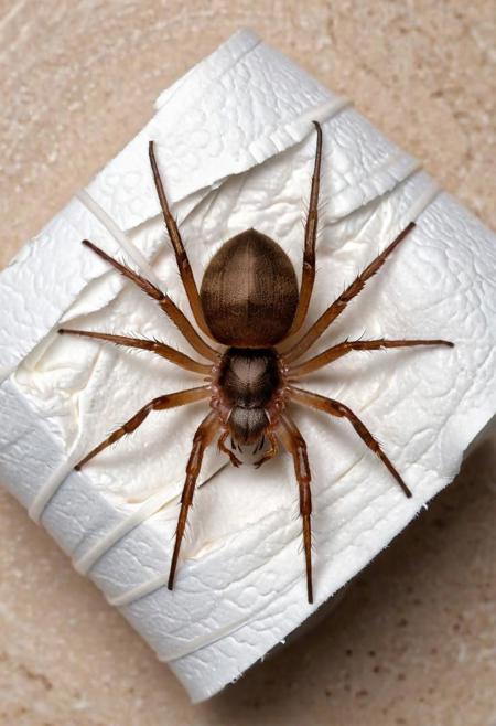 Arachnid spider (Brown Recluse) resting on an empty roll of toilet paper, detailed bathroom background,
