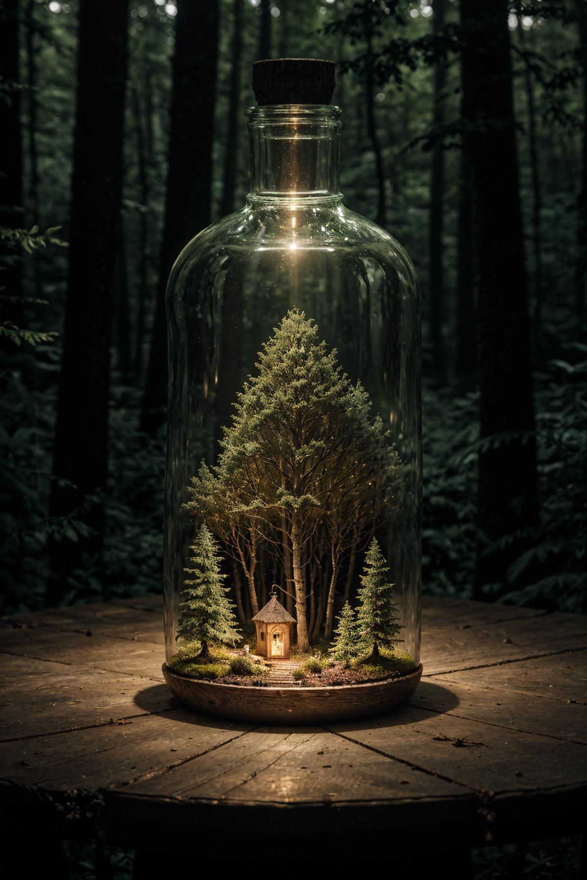 A Glass Terrarium with a Miniature Christmas Tree and Cabin