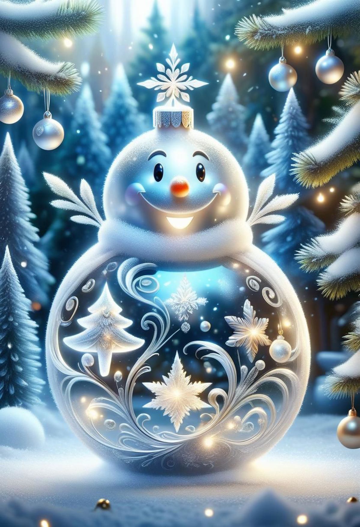An ornate blue and white Christmas ornament featuring a snowman smiling.