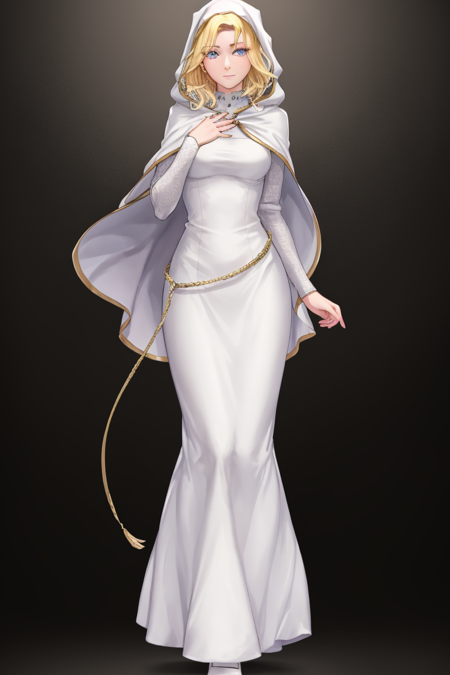 <lora:Natasha_FE-04:0.6>  natasha fe, looking at viewer, simple background, long sleeves, dress, medium breasts, closed mouth, standing, full body, hood, cape, white dress, white footwear, hand on own chest, black background, long dress