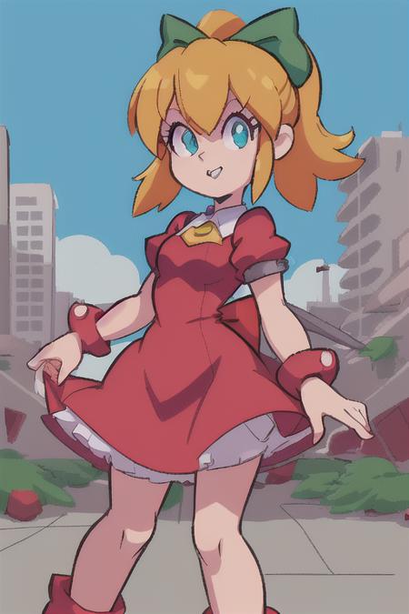 <lora:Roll3D:1> Roll3D 1girl,red dress, green bow, blonde hair, blue eyes, in city ruins with a blaster, scene from megaman