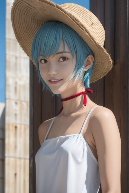 cosplay, rebuild style, ayanami rei, 1girl, blue hair, short hair, red eyes, white sundress, wind, looking at viewer, cityscape, cowboy shot, smile, closed mouth, blush, straw hat, summer,  <lora:rebuildOfEvangelion_v4b-26:0.7>, real face, realistic