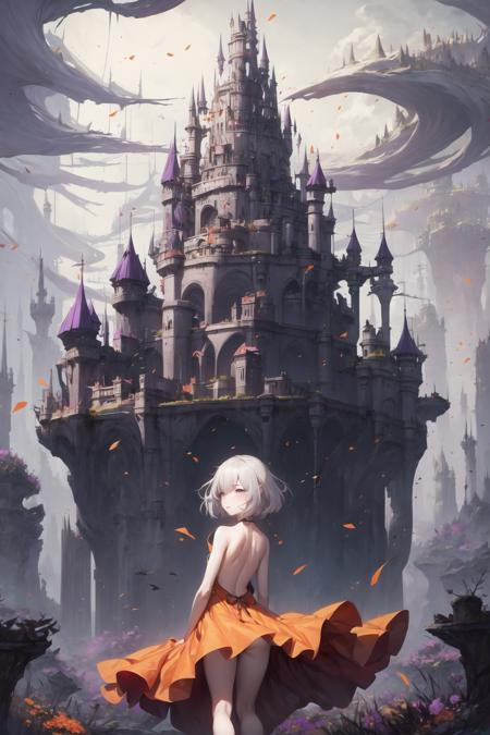 (masterpiece), best quality, 1girl, original, (purple Backless Dress), orange dress flower, feet out of frame, face, rolling eyes, toothsome, covering mouth, grey eyes, grey hair, forestscapes floating castle <lora:S12 v4 e0.6_28800:0.75>