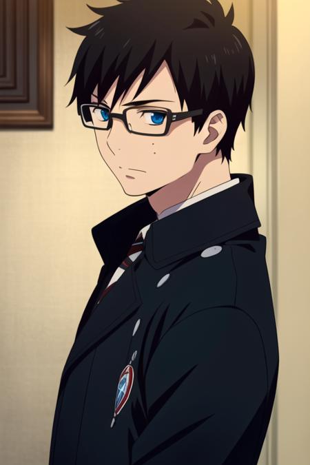 masterpiece, best quality, wallpaper, 1boy, solo, male focus, looking at viewer, , , <lora:yukio_okumura:0.70>, yukio_okumura, black hair, blue eyes, glasses