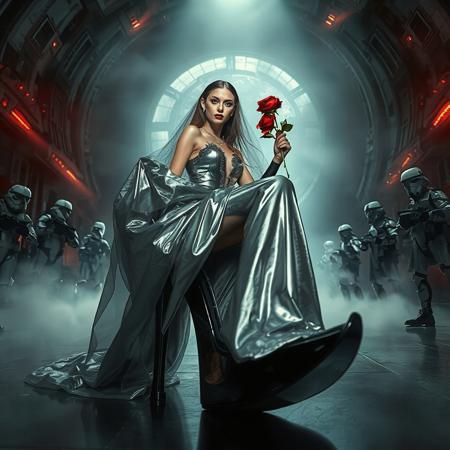 slender arrogant cold femme fatal russian princess wearing rich full skirt glossy silver foil high slit gown, small size opulent glossy black  high heels, jewels, lace top stockings, red rose in her right hand, lifting  long  waving skirts with her left hand,   covered with ultrathin slime long veils, posingsitting in giant glossy high heel fetish shoe , view from below, evil grin, green eyes, lipstick, giant portal to outer space, fog from the floor, empire spaceship hangar, surrounded by halo odst troopers, TIE spaceships at the background, fashion look, hollywood, vogue makeup, porcelain skin, long haired, ultrathin waisym reminiscent of Lucas, Spielberg styles, with close-up glamour photography and dramatic lighting view from below,