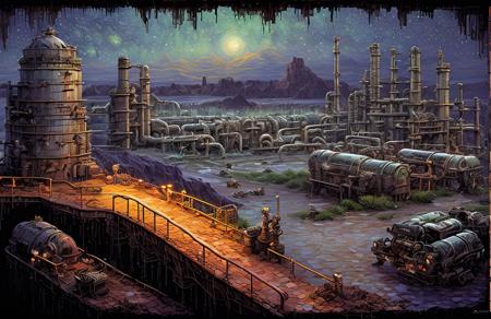 (impressionism:1.05), salt flat, Cliff/Bluff, industrialism, (john berkey:0.6), rural, a painting,scenery,scene painting, plant,steampunk city scene,no humans,stairs,night, <lora:å·¥ä¸è¸æ±½:0.7>,