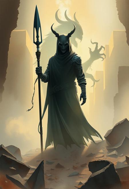 A masked figure holding a futuristic spear, their shadow forming the shape of an ancient animal spirit, surreal dreamlike decay, soft watercolor horror, luminous misty post-apocalyptic landscapes, faceless spectral figures dissolving into light, eerie Gothic ruins with warm impressionistic glow, delicate yet haunting brushwork, atmospheric ethereal horror