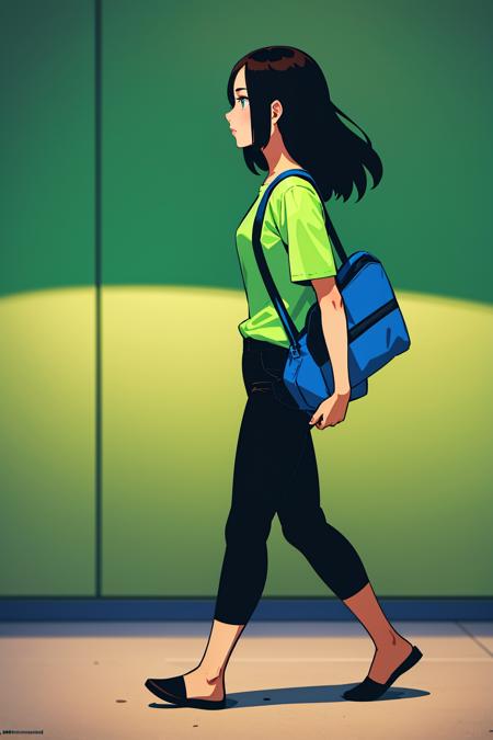 <lora:gz_20231024102623:0.8>,gz,multiple girls,long hair,1boy,pants,short hair,black hair,bag,2girls,green theme,shirt,profile,walking,holding,