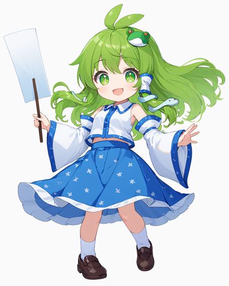 kochiya sanae,1girl, weibo_logo, weibo_username, solo, frog_hair_ornament, blue_skirt, white_background, detached_sleeves, full_body, white_socks, simple_background, open_mouth, shoes, white_shirt, looking_at_viewer, gohei, snake_hair_ornament, smile, wide_sleeves, nontraditional_miko, holding, hair_tubes, collared_shirt
<lora:kochiya_sanae_image8584_2023-12-17:1>,star-shaped_pupils,symbol-shaped_pupils,. gorgeous,key visual, vibrant, studio anime,award-winning, professional, highly detailed,high budget, cinemascope