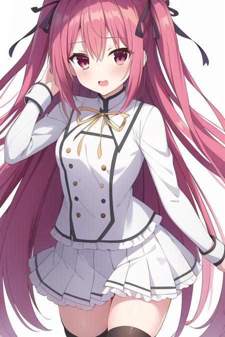 masterpiece, best quality,1girl,solo,claire rouge,pink hair,long hair,two side up,red eyes, hair ribbon,school uniform,white shirt,white vest,buttons,frills,yellow neck ribbon,sleeve cuffs,white miniskirt,pleated skirt,black thighhighs,<lora:ClaireRouge:0.8>,smile