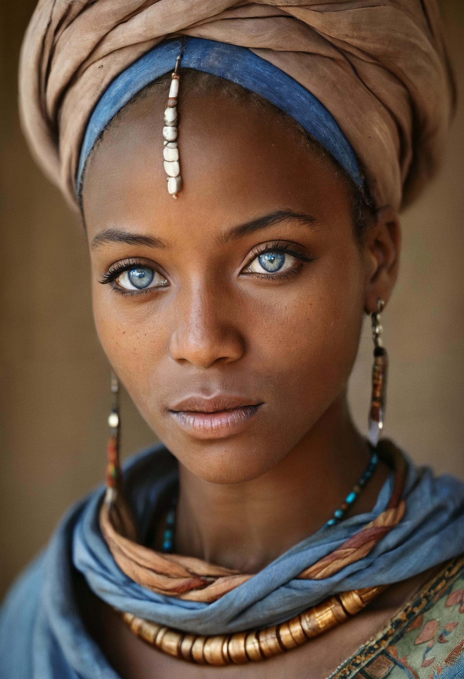 A beautiful young woman with blue eyes and a unique headpiece.
