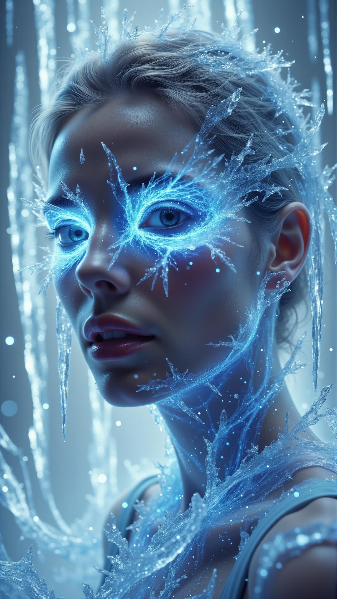 A close-up portrait of a woman with skin made of delicate, translucent ice, her features perfectly sculpted and smooth, yet fragile and intricate. Her hair is composed of sharp icicles that reflect the cold, bluish light of the frozen landscape behind her. Her eyes are deep, glowing pools of icy blue, as if frozen lakes exist within them. Surrounding her is a world of hyperrealistic frozen waterfalls, their streams suspended mid-flow in a surreal, endless winter. fully clothed no boobs  <lora:aura_v2_beta2:1>