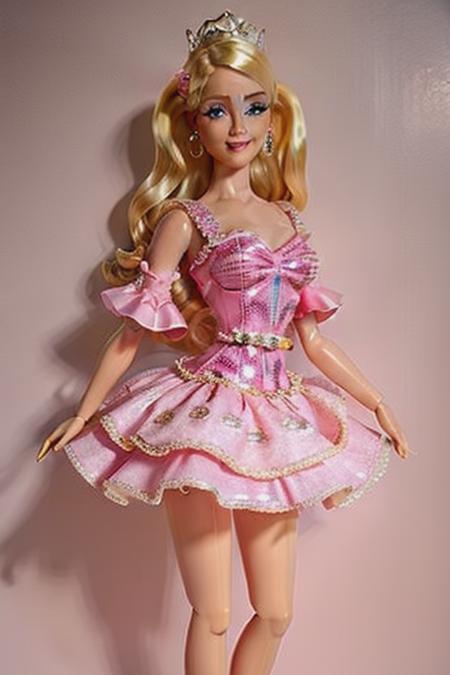 <lora:BarbieV1:0.8>  plastic girl with blonde curly hair , wearing pink princess Moschino dress , pink high heels , pink ballroom background , pale skin , full body , Plastic Skin ,Shiny ,(masterpiece, top quality, best quality, official art, beautiful and aesthetic:1.2)