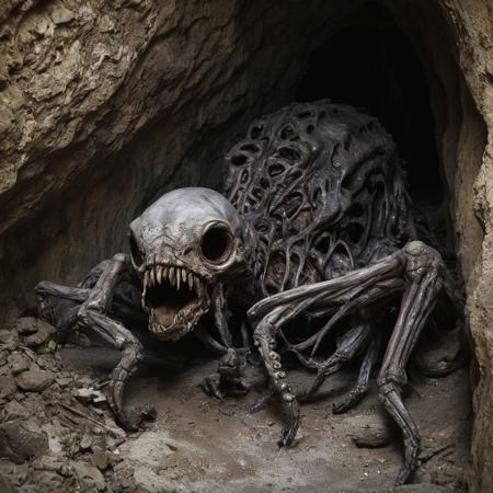 â(Sinfully grotesque and morbidly enchanting) In the heart of a decrepit, forgotten catacomb, a twisted creature emerges from the shadows - an abomination birthed from the darkness itself. Its mangled form is draped in tattered rags, stained with the remnants of ancient rituals. A network of grotesque, writhing tentacles replace its limbs, each ending in a razor-sharp talon. Its cavernous maw, a meld of bone and rotten flesh, gapes wide as it emits a chilling, haunting laugh that echoes throughout the catacombs. The creatureâs eyes, twin pools of liquid darkness, hold within them the remnants of sanity long lost. It is an entity that defies description, birthed from the deepest recesses of nightmares and fear itself, a haunting reminder of the darkness that lies within us all.â (its body of bones glows dimly from the embers and electricity of the souls it has devoured).