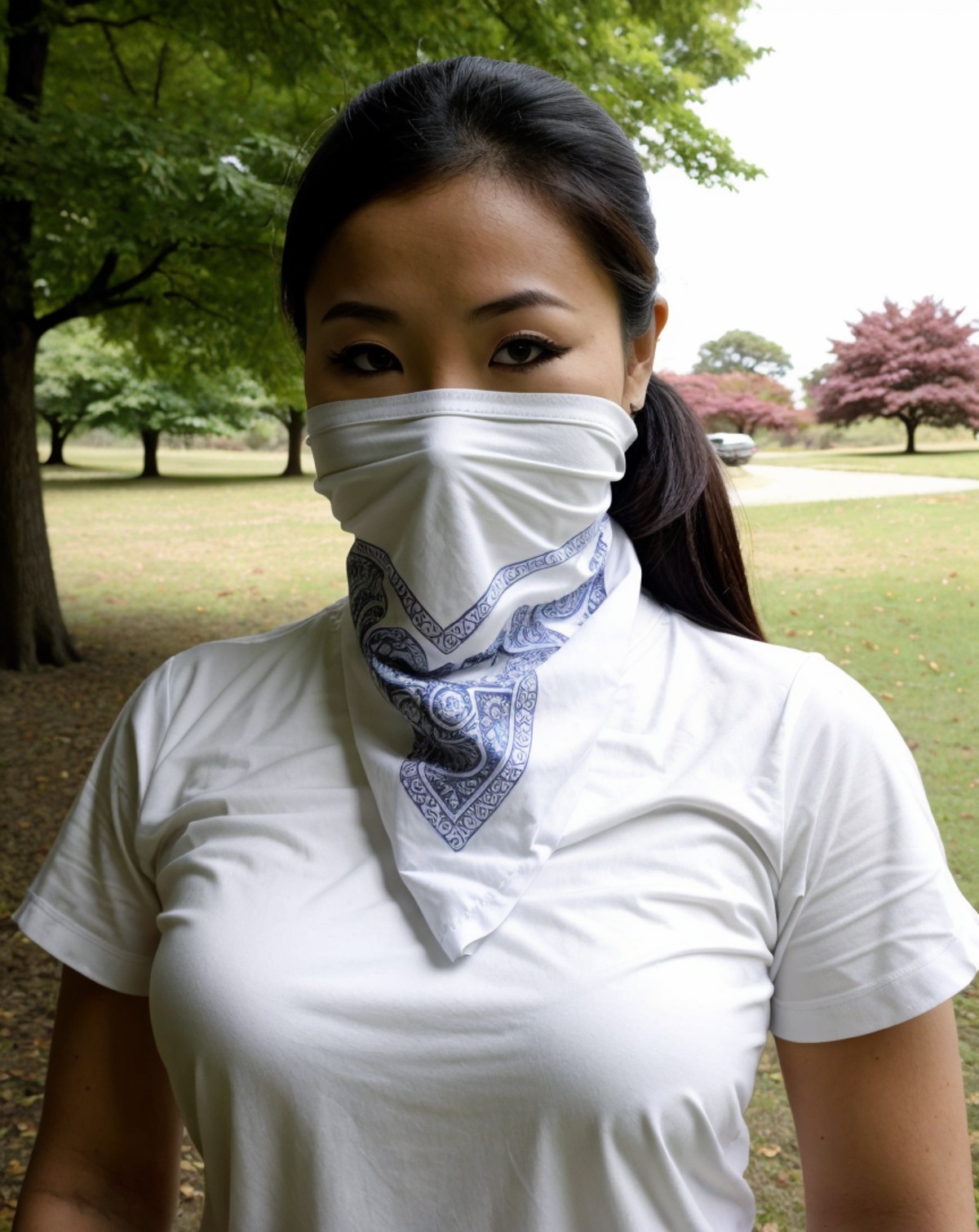 <lora:Bandana_Mask:0.7>, masterpiece, best quality, Asian woman, white bandana mask, pony tail, shirt, in a park, intricat...