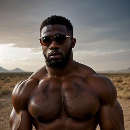 Hyperrealistic photo, a large bodybuilder, Nigerian, brown skin, huge muscles, sunglasses, burly, body hair, sweaty. Desert. Erotic.
 Detailed skin, dramatic lighting, tenebrism.