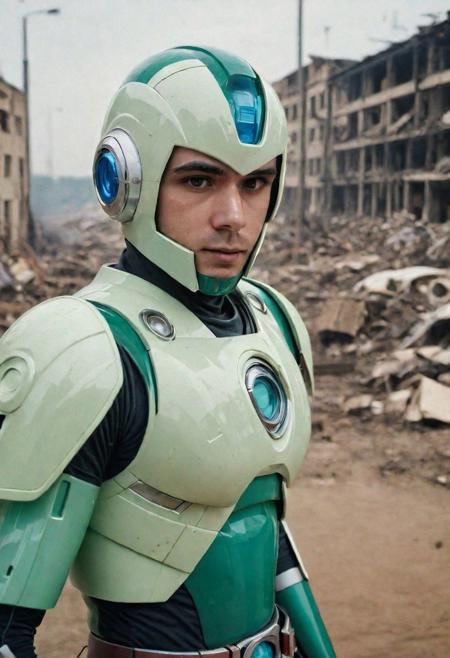 Portrait Photo of a ((((green gelatine translucid:1.5))megaman:1.4)), who is standing looking at how his city has been destroyed by a nuclear bomb. He has just arrived at the disaster and observes the horror of the destruction, ruined buildings full of smoke and flames, ground full of rubble with skeletons lying around In the dawn light floods the scene, the man is completely dressed in normal clothes and wet, he is dirty, everything is a disaster, the sky is cloudy and it is raining,(beautiful face:1.6), Fujifilm XT3,film still,film grain,cinematic,soldier accessories,war style, professional photo,best quality and best aesthetic,Award-winning artistic photos,Outdoors,public places,( detailed in background:1.6)Perfil,18-20 (dirty:1.8)