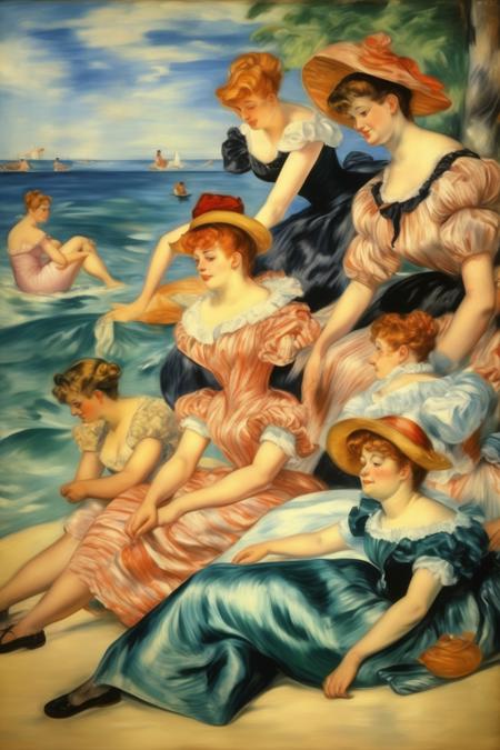 <lora:Mary Cassatt Style:1>Mary Cassatt Style - French Rivera beach, Rubens style people in swimming suits relaxing