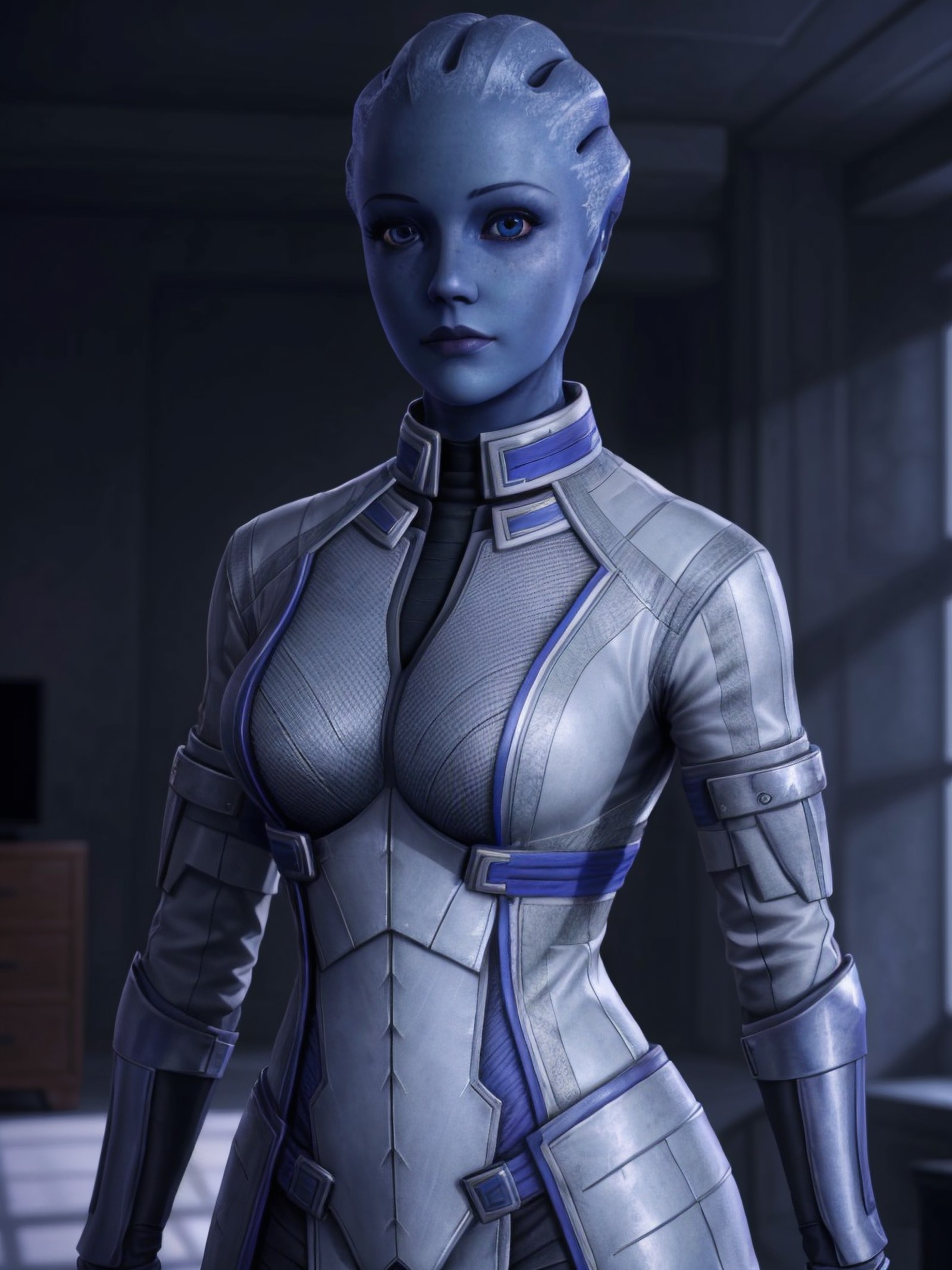 masseffectliara standing in a room, cute face, realistic armor materials, shiny armor, dramatic lighting, wallpaper, intri...