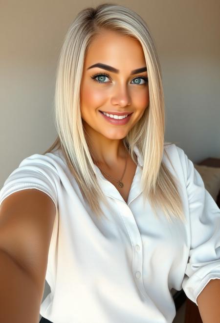 (female), (25 years old), (piercing icy blue eyes), (straight platinum blonde hair, perfectly styled), (toned and curvy body, athletic yet feminine), (natural soft lighting), (smooth hyper-realistic skin, with natural imperfections), (minimal natural makeup), (confident photogenic smile), (selfie pose, slightly tilted head), (neutral soft-focus background), (ultra-high resolution), (photorealistic), (soft neutral color palette), (casual trendy outfit), (minimal jewelry), (no heavy digital edits), (no unrealistic proportions), (Instagram selfie aesthetic), (influencer vibe), (modern, confident, approachable), [Paris café ao ar livre], [calcinha de renda preta], [camisa branca oversized caída no ombro], [óculos escuros de marca e colar dourado delicado], [sentada de lado com uma perna dobrada e celular na mão]