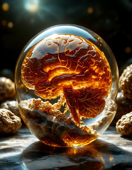 improved cinematic photo, 35mm photograph, film, professional, 4k, highly detailed, An amber fragment enclosing a Human Brain, The amber fragment is a smooth, slightly irregular sphere, roughly the size of a marble, with a warm golden-brown hue. Its surface is polished, gleaming softly under light, revealing a mesmerizing play of golden, honey, and orange tones. Tiny air bubbles and organic inclusions are scattered throughout, lending it a sense of antiquity and natural complexity. Inside, a perfectly preserved Human Brain lies suspended in time, its delicate body encased in the translucent amber. Around the Human Brain, subtle striations and minute organic fragments, possibly plant material or dust, create a vignette that frames the insect. The amberâs clarity varies in places, with some sections slightly cloudy, further accentuating the Human Brain as the focal point. The fragment feels timeless, a tiny time capsule offering a glimpse into a prehistoric world millions of years ago <lora:add-detail-xl:1.0><lora:aidmaMidjourneyV6.1-v0.1:0.9><lora:SDXLFaeTastic2400:0.8>