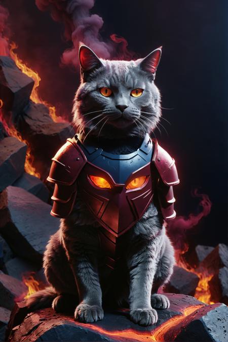 Octane render, (Cat of Elementals:1.3) , Vibrant, Burgundy smoke, wearing armor, dark black and Navy Blue background, warm lava pit, Panorama, dark art, designed by Rudolf Hausner, anaglyph effect, ultra high res