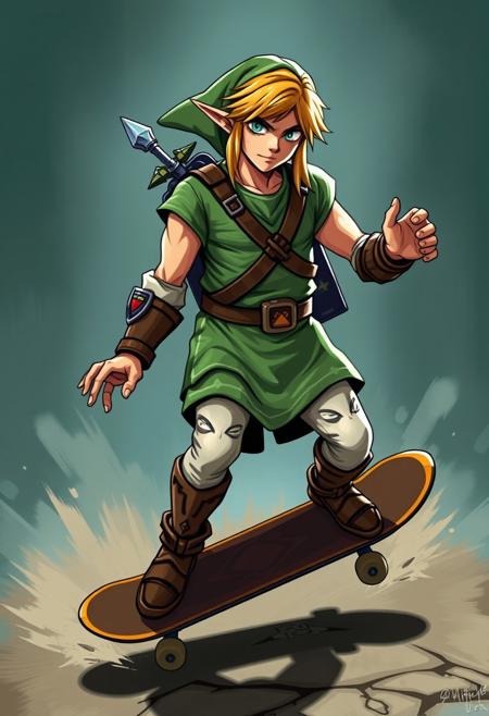 Cool skateboarding Zelda styling on an embarassed muscular link