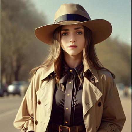 an analog photograph by cass bird of a lady looking like GabiG9-1000 wearing a stylish trench and a fedora,