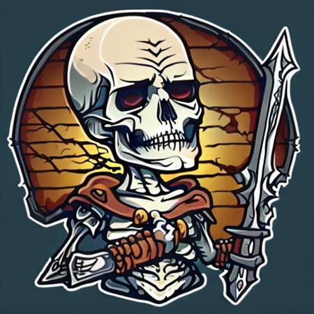 evang, demonic skeleton warrior, masterpiece, best quality, highres, extremely detailed 8k wallpaper, very clear, die-cut sticker, sticker, front shot, simple background, solid outline