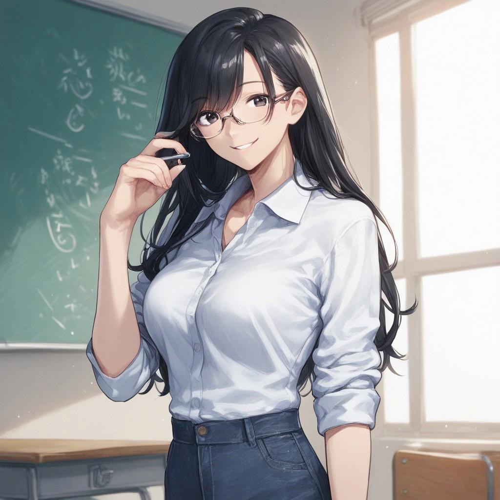 score_9, score_8_up, score_7_up, 774 (nanashi), source_anime, solo, 1girl, teacher, glasses, long hair, black hair, black eyes, smile, looking at viewer, medium breasts, tall woman, right hand through hair, casual clothes, house background, detailed, masterpiece, Expressiveh