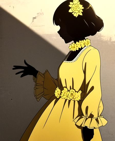 Louise shadow person no face yellow dress, frilled dress, hair flower, belt, necklace, yellow flower black shoes