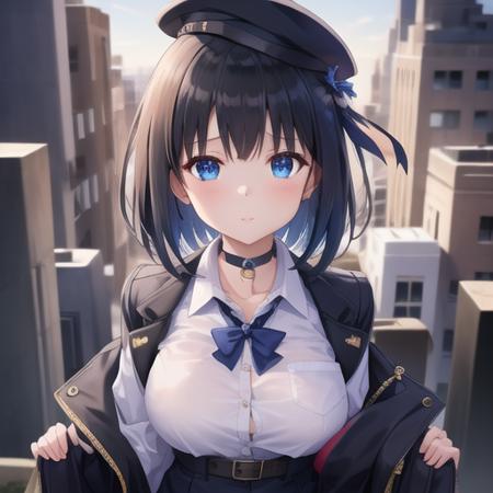 (masterpiece, best quality:1.2),illustration,8k,hd,1girl,solo,upper body,(portrait:1.2),acasta (azur lane),ankle boots,bangs,black belt,black choker,black footwear,black hair,black thighhighs,black skirt,blue bow,blue coat,blue eyes,blue hat,bow,buttons,choker,clothes writing,coat,collared shirt,cross-laced footwear,dress shirt,eyebrows,eyebrows visible through hair,hair bow,hat,heart choker,lace-up boots,large breasts,long sleeves,miniskirt,one side up,open clothes,open coat,pleated skirt,school uniform,shirt,short hair,skirt,thigh strap,white shirt,zettai ryouiki,<lora:Acasta(azur):0.8>,