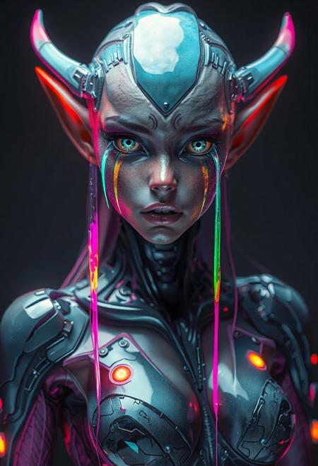 cyberpunk elf woman, rainbow colored tear streams running from eyes, liquid cyberpunk body suit, lots of blues and pinks, metallic eyes, simple dark background, hr giger, glowing cybernetic parts, facing camera, full body