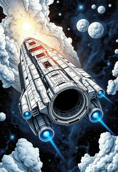massive starship, glowing black hole, cosmic vortex, blue engine thrusters, interstellar travel, space exploration, futuristic spacecraft, luminous clouds, celestial bodies, dramatic lighting, science fiction, deep space, cosmic wonder, high detail, cinematic style, hyper-detailed comic book illustration, intricate linework, dynamic and expressive character design, bold and precise inked shading, high-contrast compositions, exaggerated yet lifelike proportions, rich textures, dramatic action poses, meticulous cross-hatching, strong graphic storytelling, cinematic framing, superhero and fantasy themes, fine anatomical precision, vibrant and energetic visual style