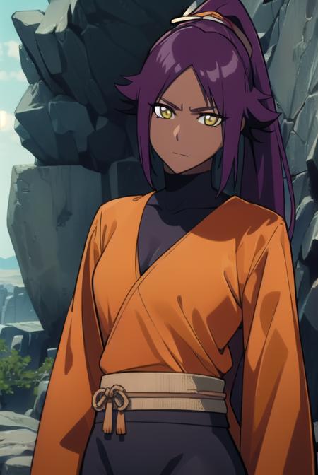 yoruichishihouin, <lyco:yoruichishihouinv2-lyco-nochekaiser:1>,
yoruichi shihouin, long hair, (yellow eyes:1.5), ponytail, purple hair, dark skin, dark-skinned female,
BREAK bodysuit, black bodysuit, bodysuit under clothes, (orange shirt:1.5), long sleeves,
BREAK outdoors,
BREAK looking at viewer, (cowboy shot:1.5),
BREAK <lyco:GoodHands-beta2:1>, (masterpiece:1.2), best quality, high resolution, unity 8k wallpaper, (illustration:0.8), (beautiful detailed eyes:1.6), extremely detailed face, perfect lighting, extremely detailed CG, (perfect hands, perfect anatomy),