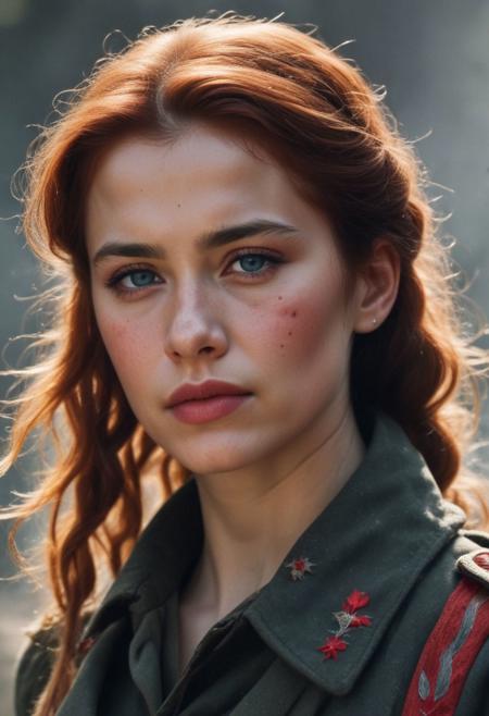 Beautiful Soviet woman soldier in WWII style, Intricately Designed Soviet brown military uniform, ultra-realistic body, realistic dirty face, bloody battle full of dirt and blood, fighting position, wavy red hair, Realistic blue eyes, big beautiful pupils, 8K, fire, dramatic war atmosphere, cinematic lighting, a stark scene from the heat of battle