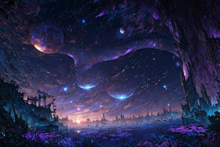 masterpiece, best quality, no_humans,((ruins)), <lora:RAL:0.6>,space,glowing,tanabata, tanzaku,city,milky_way,buildings,underwater,blood,earth \(planet\),  <lora:Earth:0.5>,purple_theme