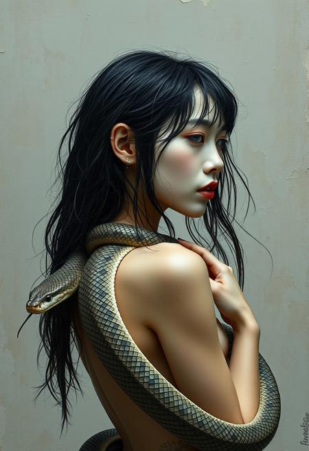 medium shot, side view, Beautiful girl, wet snake, japanese, white pale skin, partial nudity, oriental damask ornaments, in the style of restrained palette, distressed materials, realistic color schemes, hieratic visionary, figura serpentinata, nicola samori, bold yet graceful , alexander McQueen fashion costume style, oil painting style