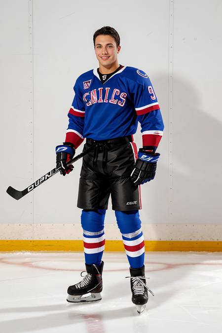 hockey rink, standing, JasonAdonis wearing hockey shoulder pads, hockey uniform, gloves, holding hockey stick, smiling, (((full body portrait))), wide angle  <lora:JasonAdonis:0.8>