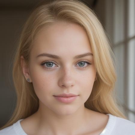 beautiful young woman portrait photo,realistic face,realistic eyes, blonde hair, realistic very light freckles on face, light brown eyes, dutch influencer, instagram model, very slightly rough skin, realistic portrait, realistic ambience light, light makeup, large breasts