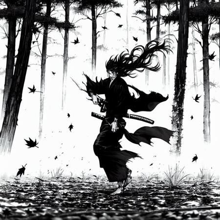 holding, holding weapon, holding sword, katana, wind, floating hair, torn clothes, blood, motion lines, forest, falling leaves, autumn leaves, standing, full body, masterpiece, 1boy,  vagabond_style,  <lora:vagabond-30:1>, monochrome, japanese clothes, short beard, long hair, kimono, detailed background