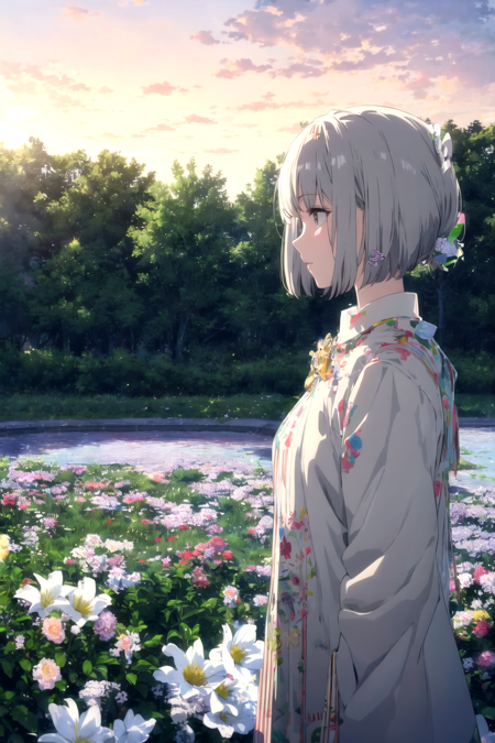 masterpiece, best quality,  <lyco:kyoani_loha-000001:0.7>, kyoto style, bobcut, medium hair, messy hair, short bobcut, 1girl, jacket, white shirt, starlight shine, day, sunrise, grey hair, outdoor, blue skies, white flowers,